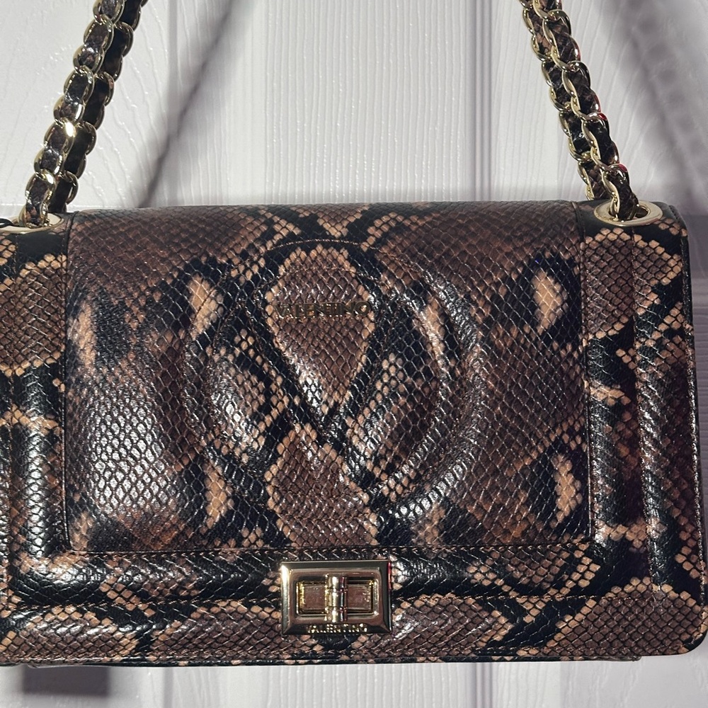 Women's Brown Snake-Print Shoulder Bag with Gold Chain